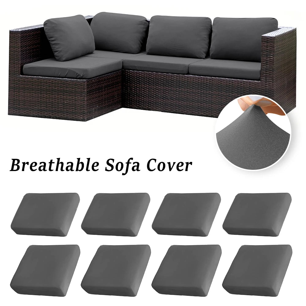 A breathable sofa cover for an outdoor wicker sofa, shown with separate cushion and backrest pieces.