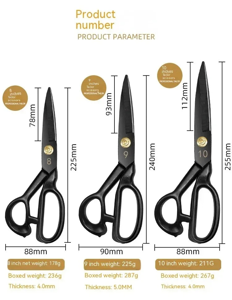 A set of professional heavy duty tailor scissors shown with various sizes and dimensions for cutting leather and fabric.