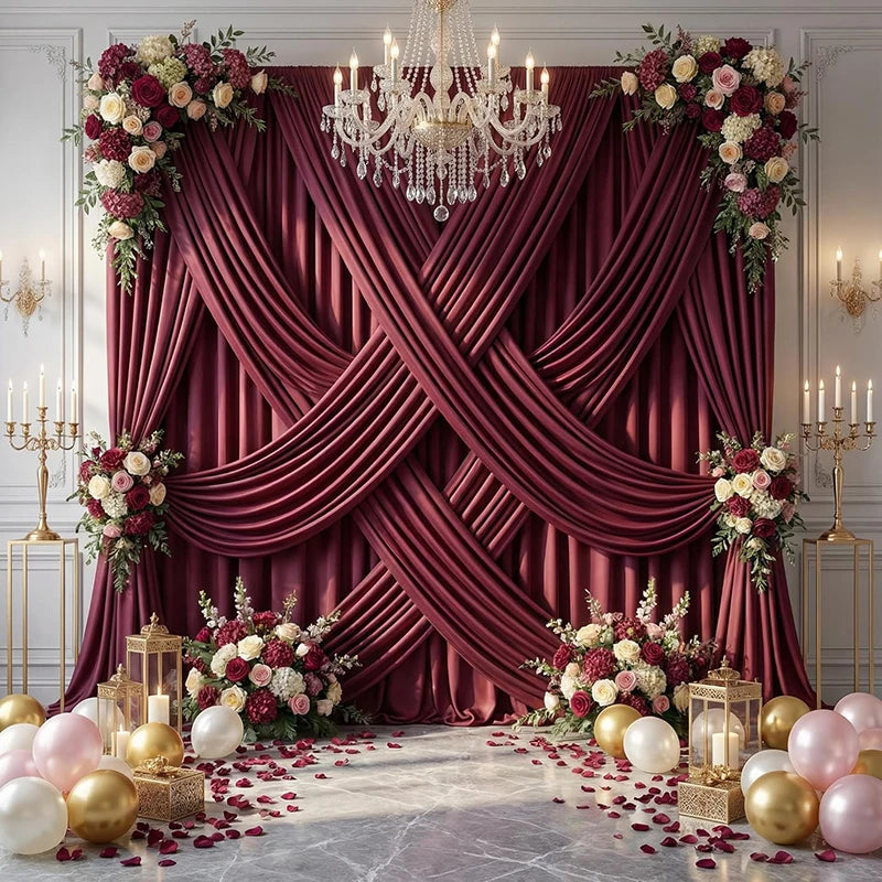 Burgundy Velvet-Look Polyester Backdrop Curtain