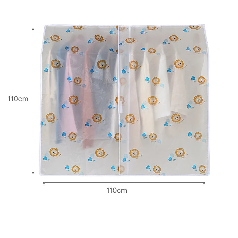 Transparent garment dust cover for hanging clothes showing a pink garment and various small yellow and blue circular patterns