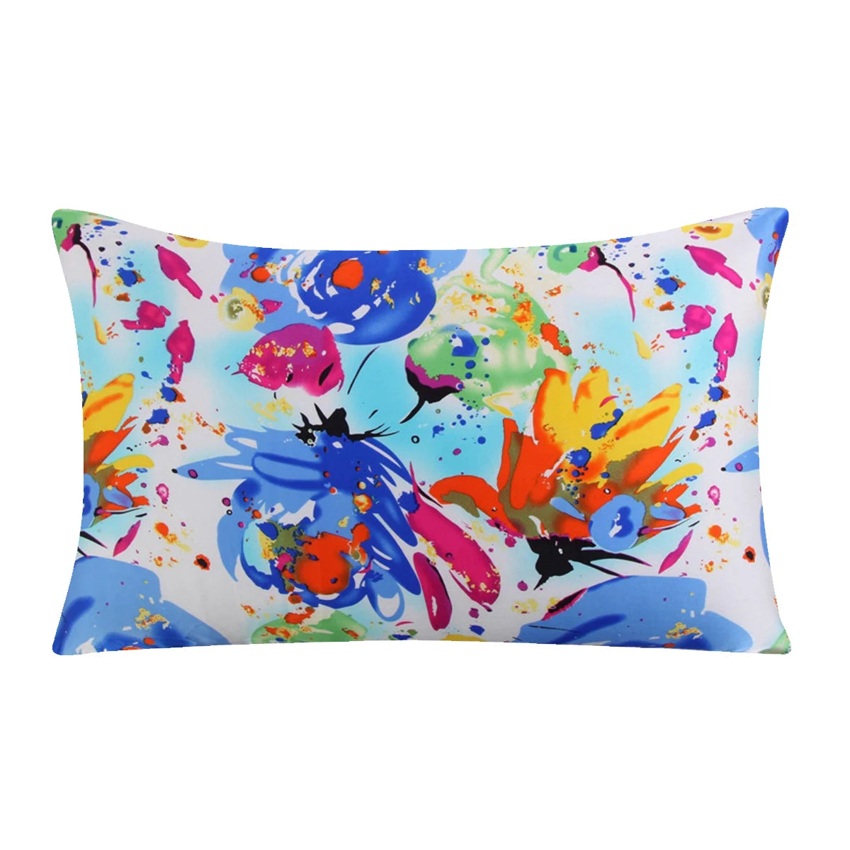 A square silk pillowcase featuring a vibrant floral print with blue, pink, and yellow watercolor splashes.