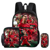 A black football sport backpack featuring a collage of soccer players in red jerseys.