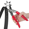 A hand is using a precision rotating leather punch set with red handles to mark leather.