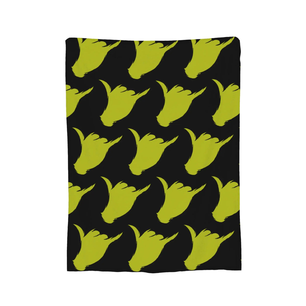 A black fabric with yellow hand shapes printed in a repeating pattern.