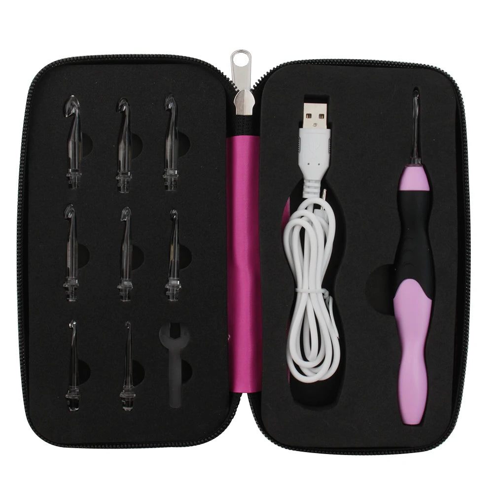 A black case containing a 9-in-1 rechargeable LED crochet hook set with various hooks and a USB cable.
