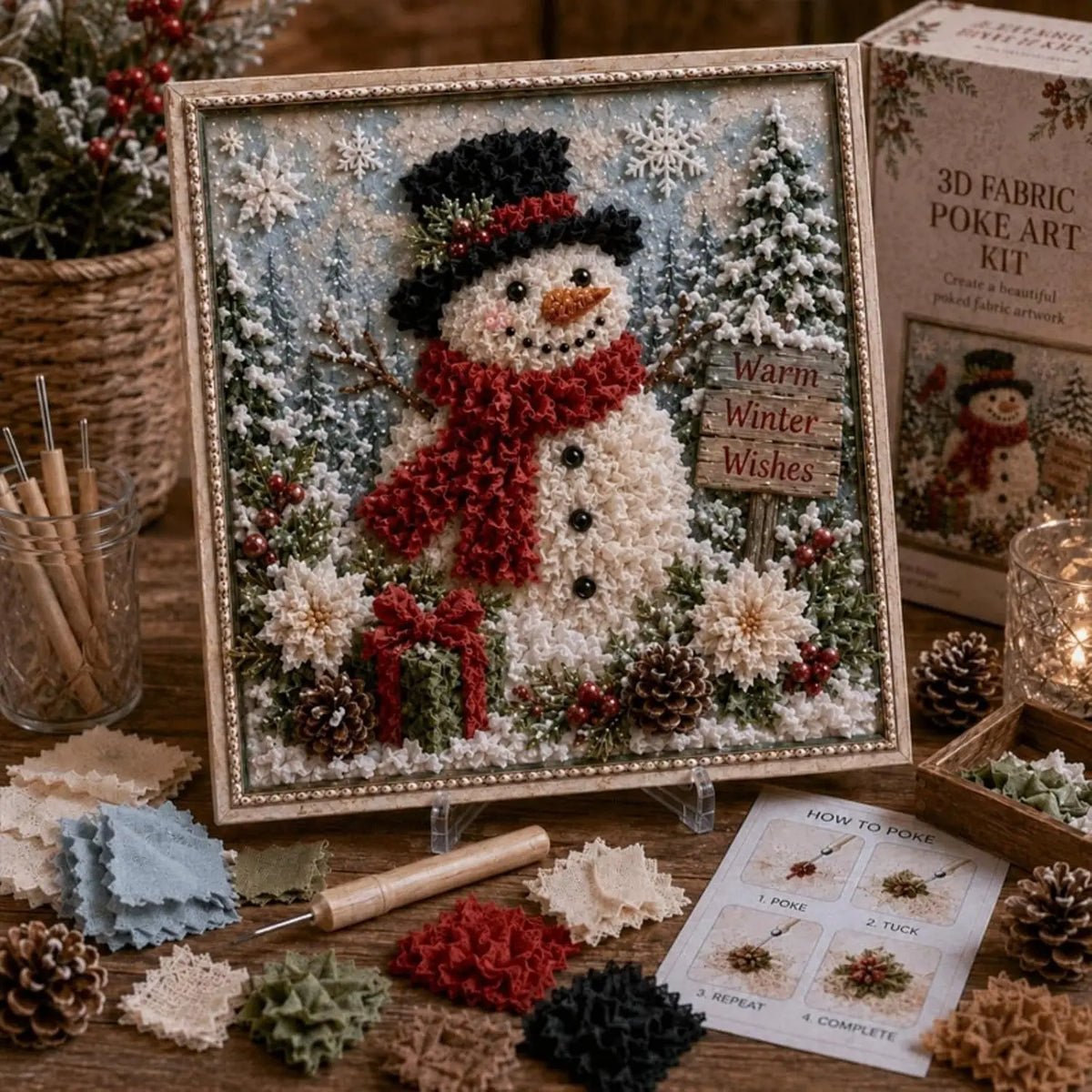 A framed piece of fabric art depicting a snowman surrounded by winter foliage and natural elements.