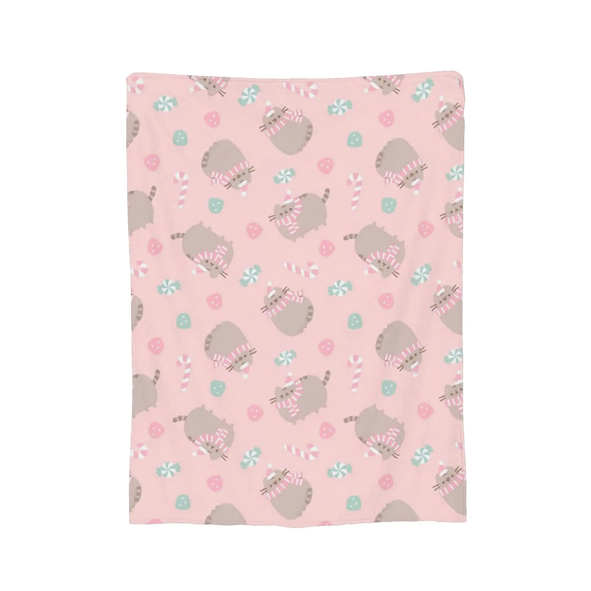 A pink coral fleece cat plush throw blanket featuring scattered gray and light blue cat patterns.