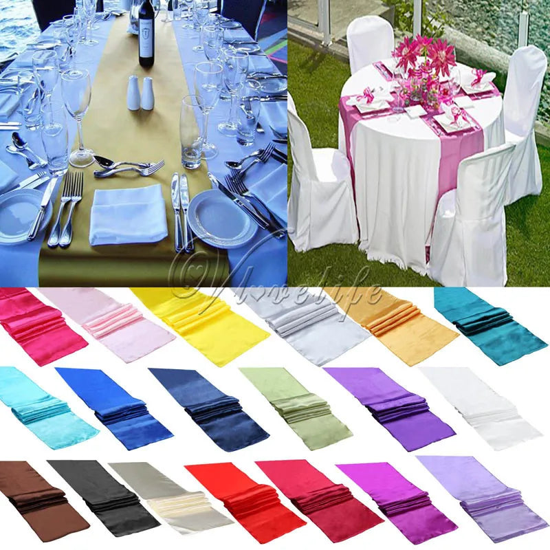 A collection of satin table runners in various colors including pink, yellow, blue, green, purple, and red.