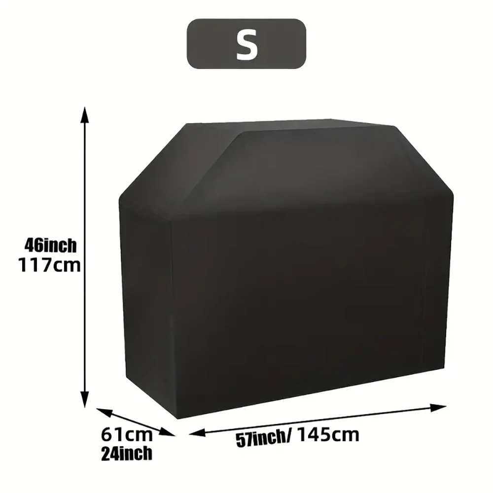 Black heavy-duty BBQ grill cover with dimensions 46 inches high by 57 inches long.