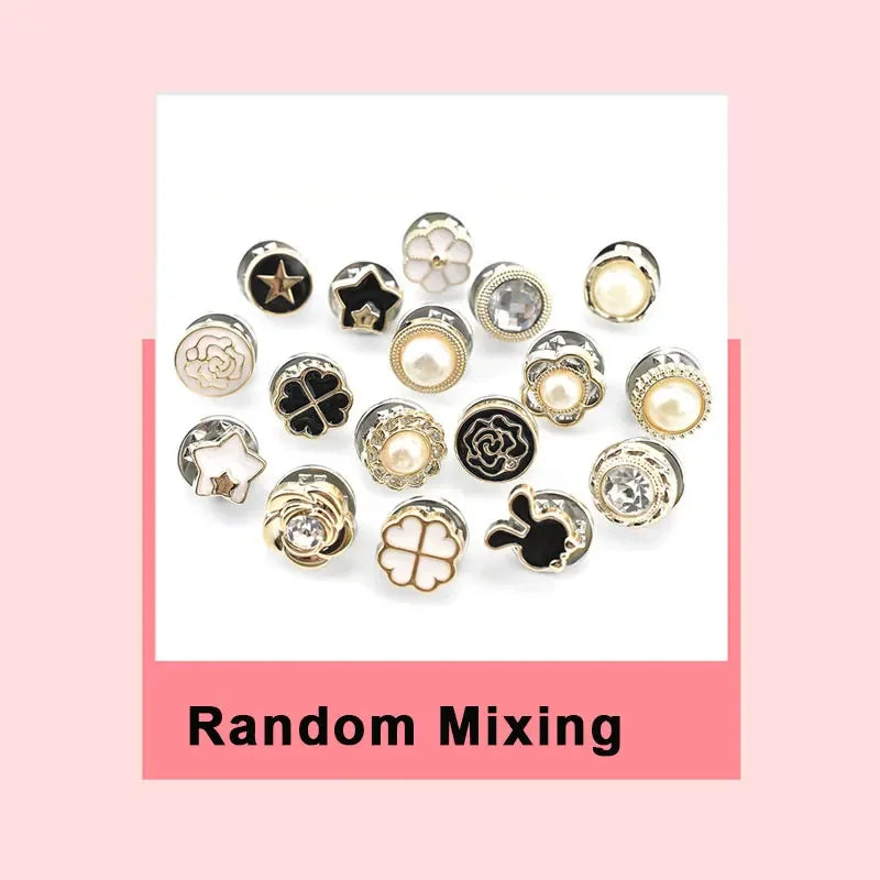 A collection of various instant removable pearl brooch buttons in different shapes and sizes.