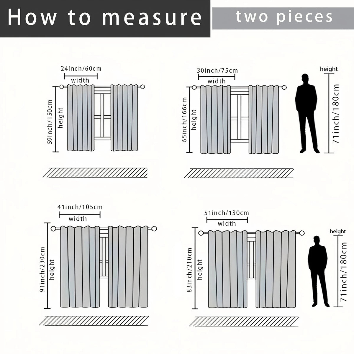 Diagrams showing how to measure two pieces of curtains for height and width, including measurements for a person.