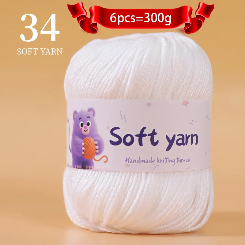 A ball of white soft yarn labeled as 34 soft yarn, with a banner indicating 6 pieces equal 300g.