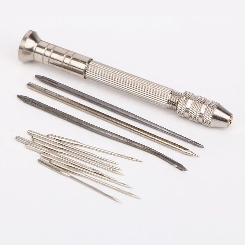 A set of silver leather sewing awls and a stitching kit with various sizes.
