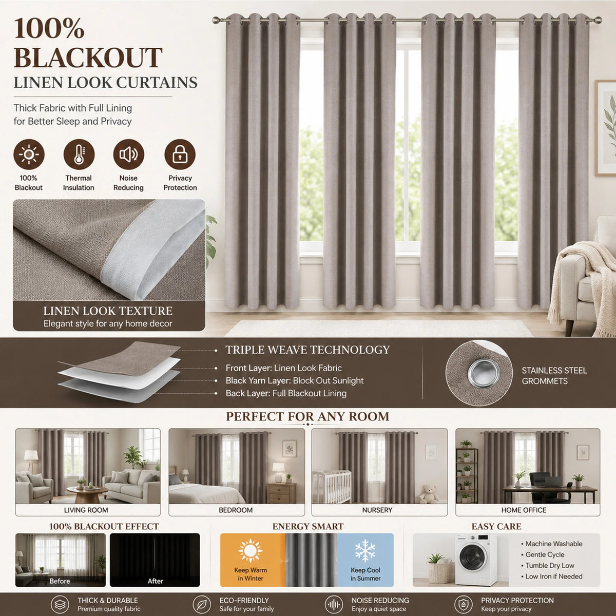 Set of four linen look blackout curtains with stainless steel grommets shown hanging in a window.