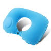 A light blue inflatable neck pillow shaped like a U to provide support for sleeping or relaxation.