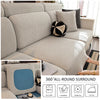 A beige stretch sofa seat cushion cover shown with various care instructions like temperature and drying methods.