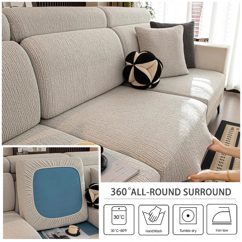 A beige stretch sofa seat cushion cover shown with various care instructions like temperature and drying methods.