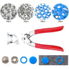 A set of heavy duty metal snap fasteners in various sizes and colors, including silver, blue, and black.