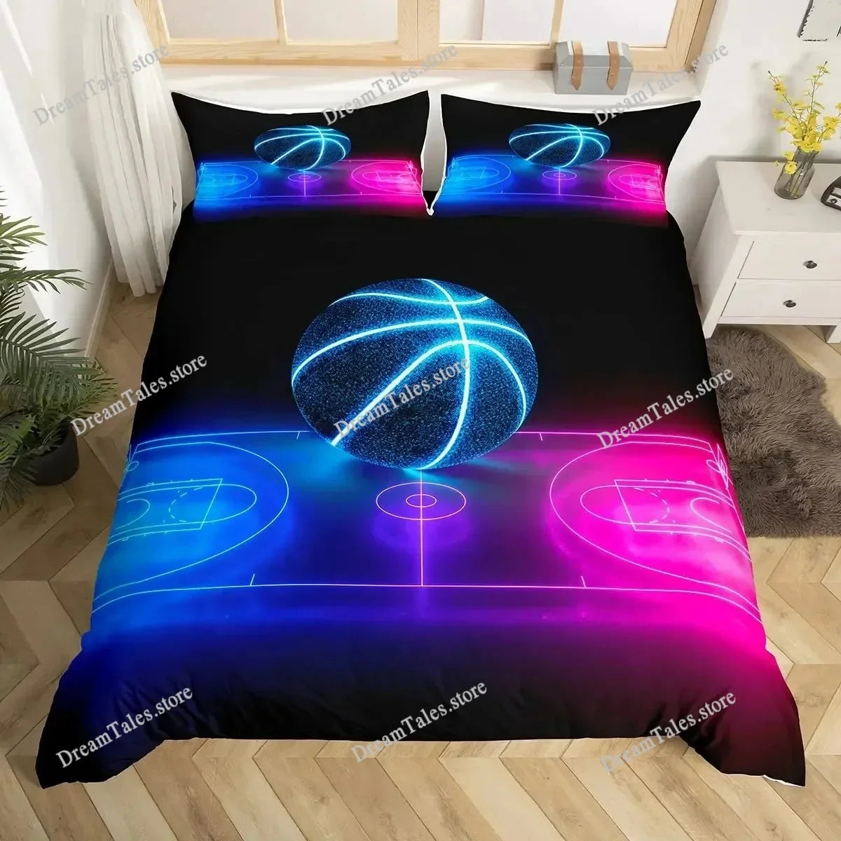 A dark duvet cover set featuring a sports theme with glowing blue and pink neon lines and an illuminated sphere design.
