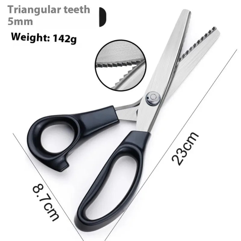 Stainless steel scissors with triangular teeth for fabric cutting and crafting