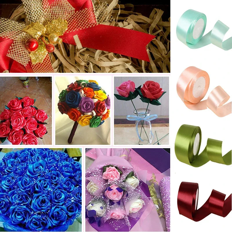 Rolls of satin ribbon in various colors including red, pink, gold, green, and maroon for crafts and gift wrapping