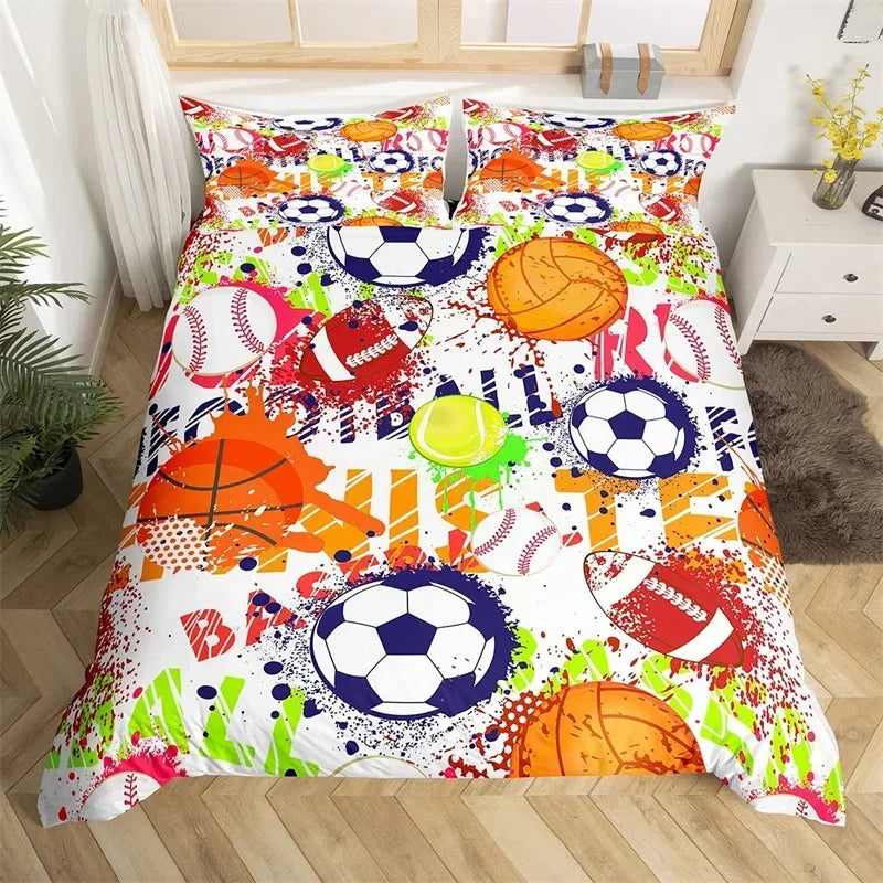 A vibrant duvet cover set featuring hand-drawn football graphics in various colors like orange, red, yellow, and blue on a wh
