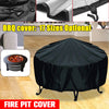 Black waterproof fire pit cover for BBQ grill, shown in various sizes and a full cover.