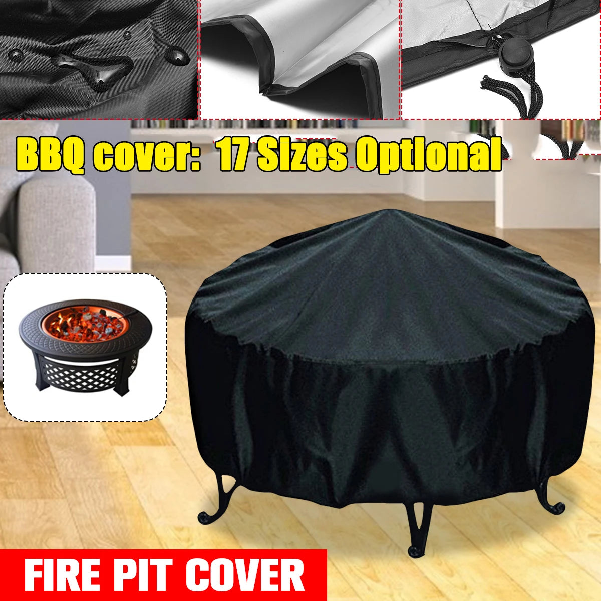 Black waterproof fire pit cover for BBQ grill, shown in various sizes and a full cover.