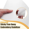 A hand is shown applying a self-adhesive sticky tear away embroidery stabilizer to a piece of fabric.