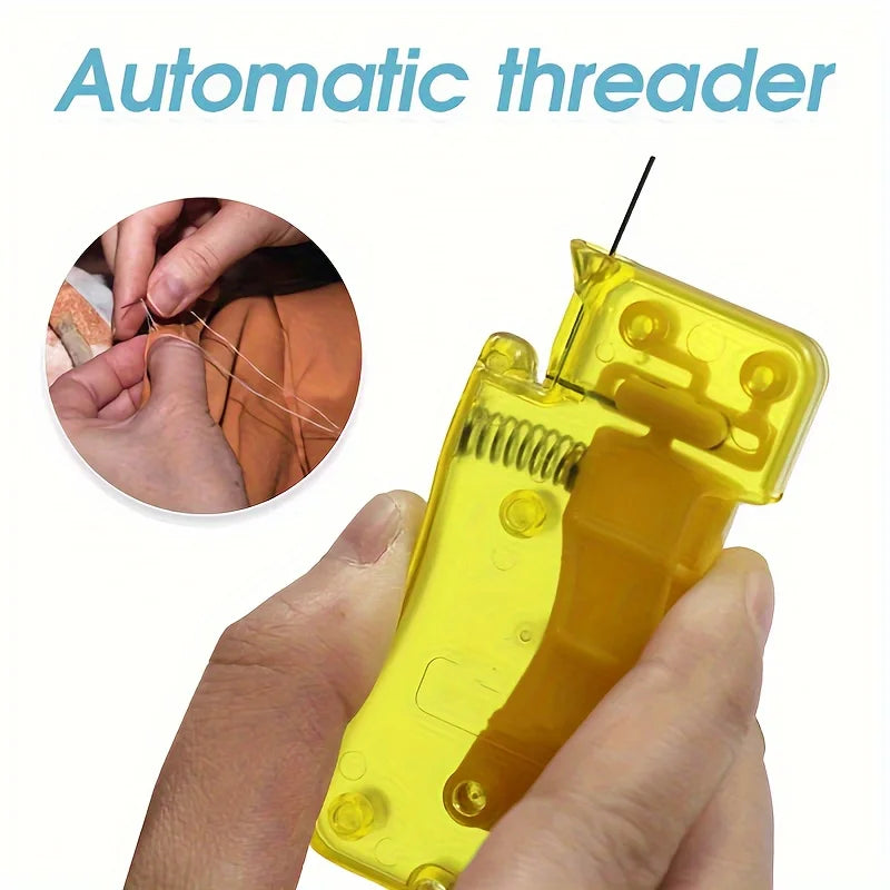 A hand holds a yellow automatic threader tool, demonstrating its use for threading needles.