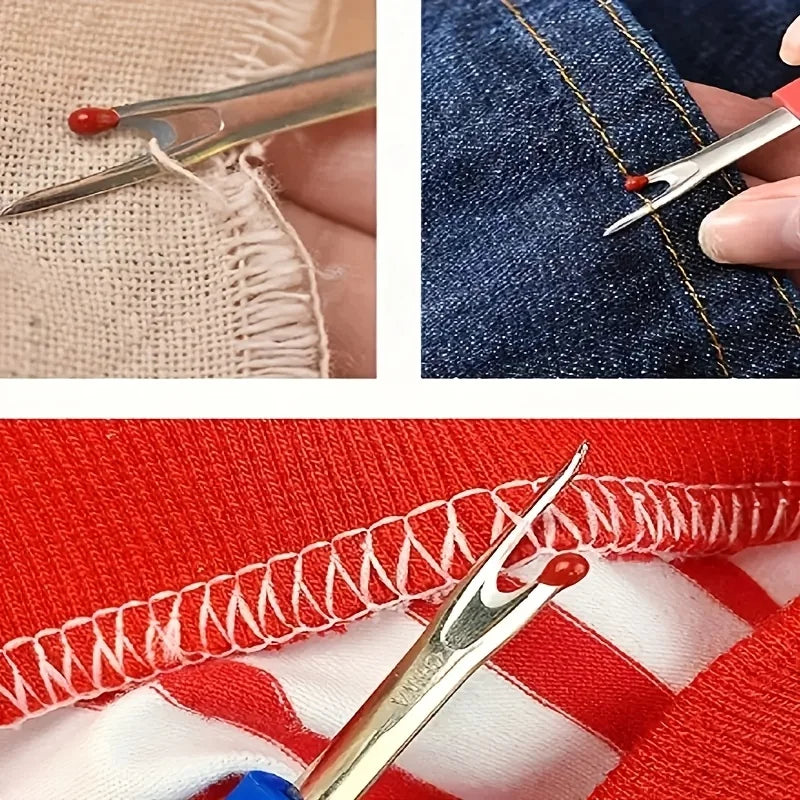 A pair of precision seam rippers is shown cutting through fabric seams on various materials like linen, denim, and striped cl