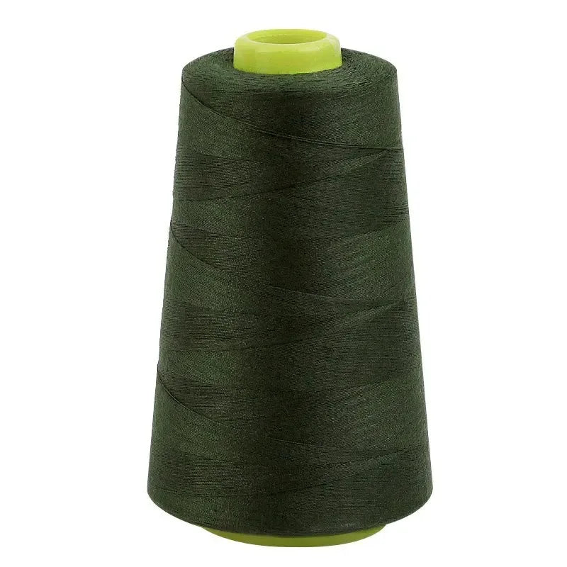 A roll of dark olive green sewing thread with a light green cap.