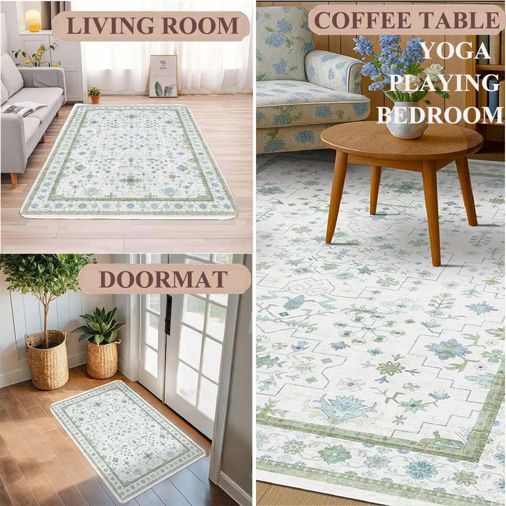 A collection of rugs featuring a jungle tiger pattern in various shades of green and white for home decor.