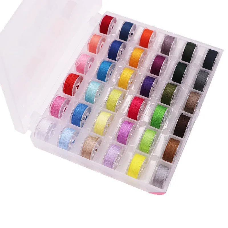 A plastic box containing an assortment of colored sewing thread bobbins.
