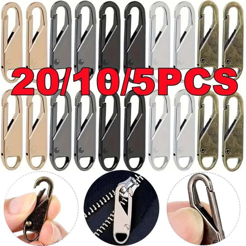 A set of 20 zipper pull replacements in various colors and finishes shown individually and grouped together.