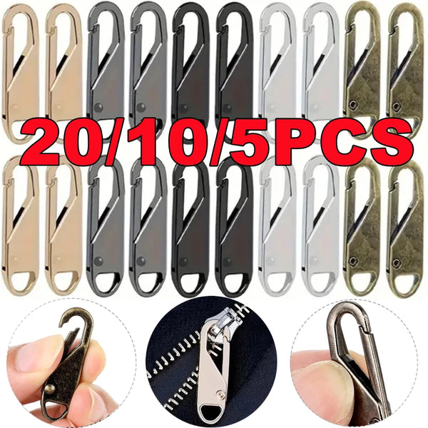 A set of 20 zipper pull replacements in various colors and finishes shown individually and grouped together.