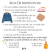 Instructions for using an iron-on patch to repair fabric, showing steps like setting temperature and pressing.