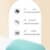 A light blue memory foam neck pillow resting on a white surface, shown next to features for relaxation and comfort.