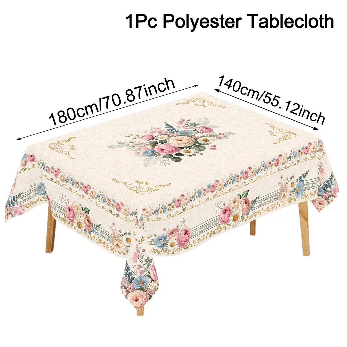 A beige polyester tablecloth featuring a floral pattern of pink and blue roses and greenery.