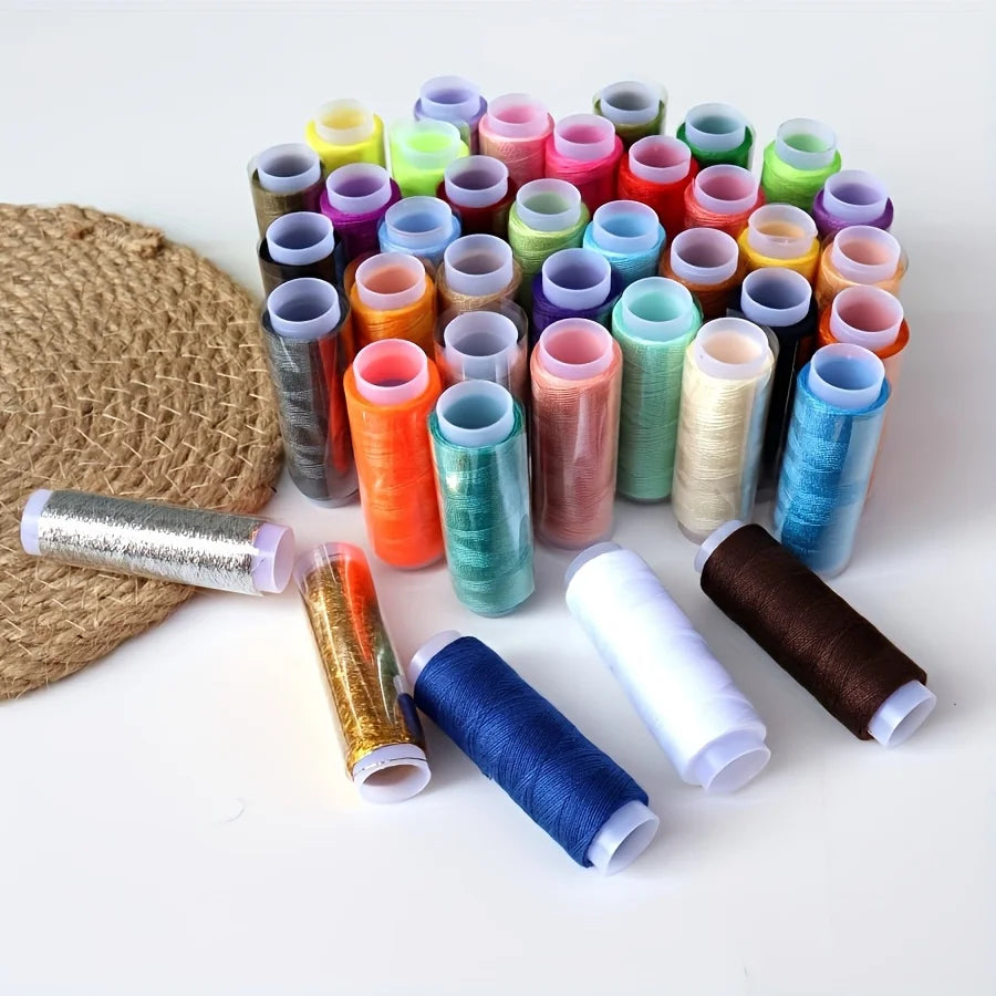 A collection of 39 brightly colored sewing thread spools arranged on a white surface.