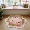 A round rug featuring a pink background with various green and orange koi fish patterns on a light wood floor.