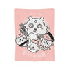 A pink flannel throw blanket featuring a Kawaii Chiikawa cartoon design with multiple cute characters.