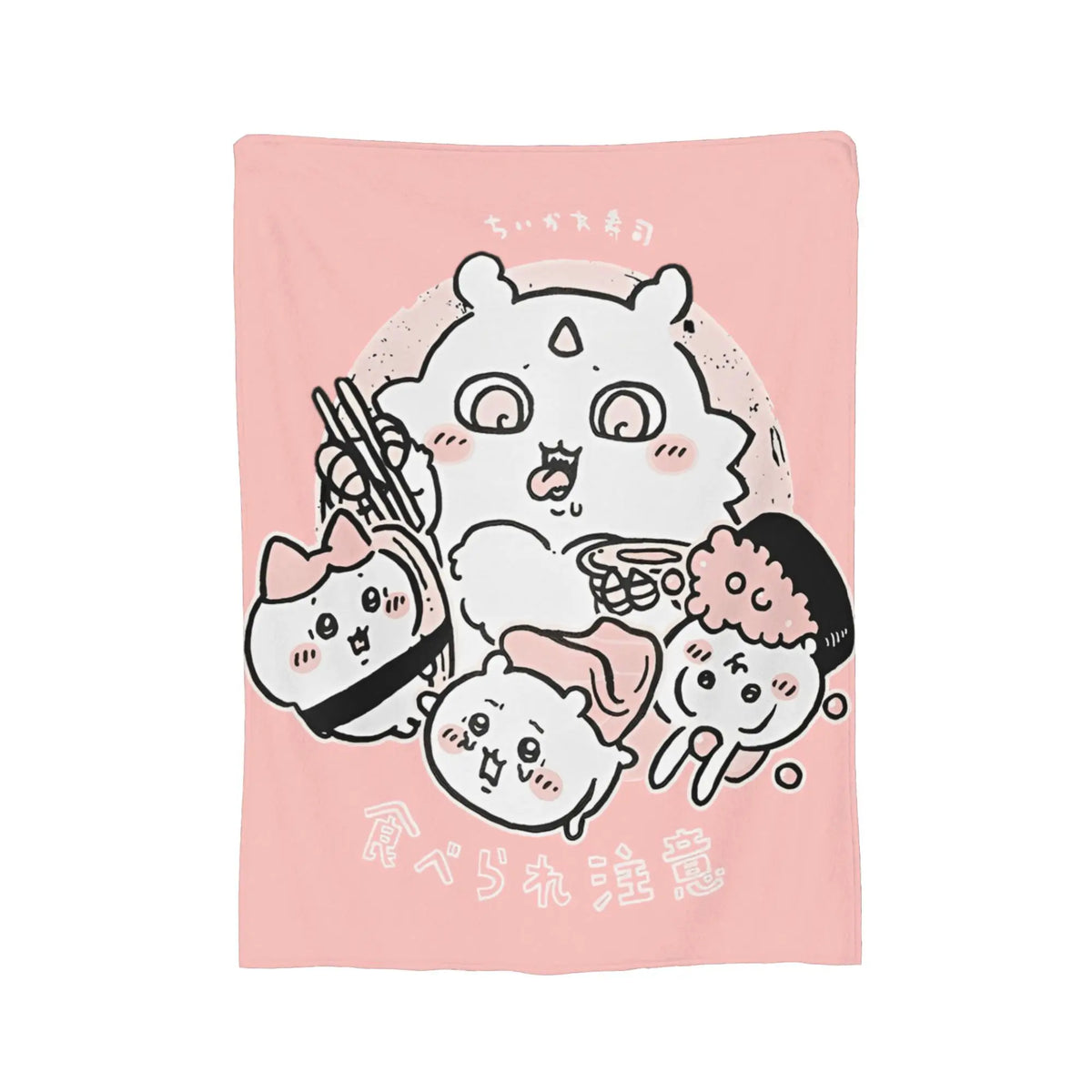 A pink flannel throw blanket featuring a Kawaii Chiikawa cartoon design with multiple cute characters.