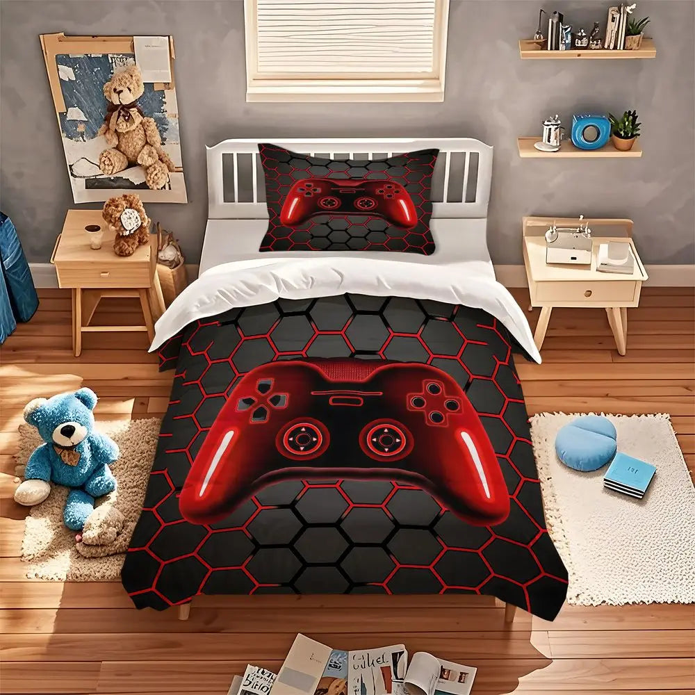 A red gaming controller duvet cover set featuring a black hexagon pattern displayed on a bed.