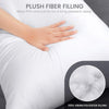 A hand touches a white cushion filled with plush fiber for a long pleasant sleep, showing 100% virgin polyester filling.