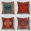 Four decorative cushion covers featuring intricate Persian patterns in red, green, and gold tones.