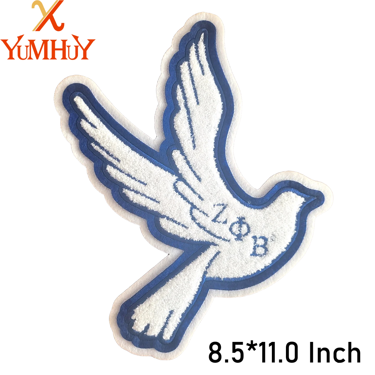 A white embroidered patch shaped like a bird in flight with the letters LOB visible.