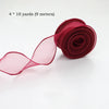 A roll of deep red silky organza ribbon, measuring 4 x 10 yards (9 meters), shown unwound.