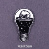 A black embroidered patch shaped like a light bulb containing two small cats.