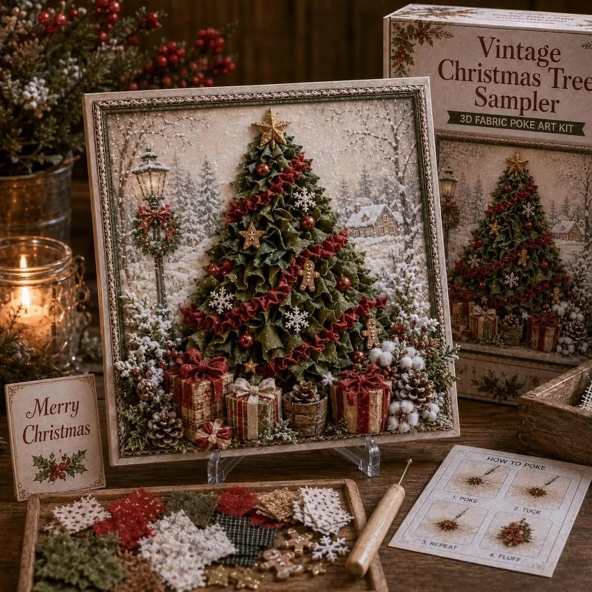 A framed vintage Christmas tree sampler featuring a decorated evergreen tree surrounded by gifts and winter foliage.